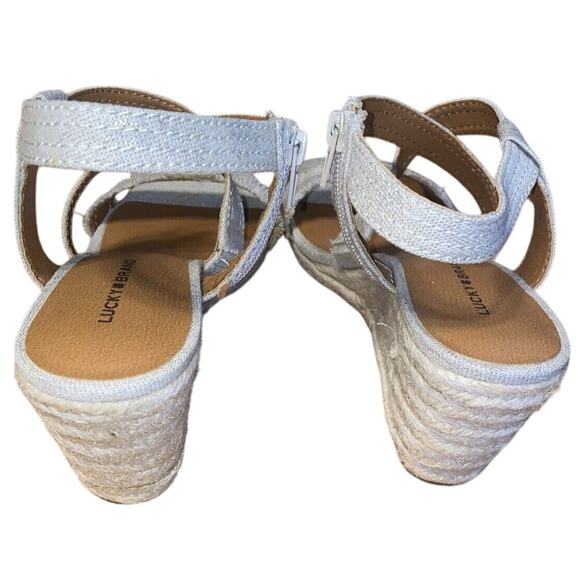 Lucky Brand Espadrille Wedges Heels Women's 10M Tan/gold Cloth Strap Open Toe - Picture 3 of 9